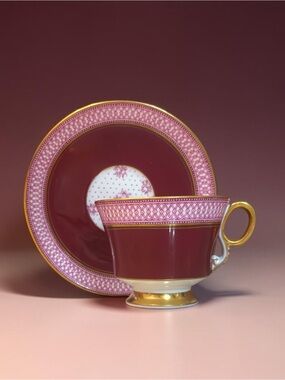 Adderley Fine Bone China England Teacup & Saucer Red Gold Trim